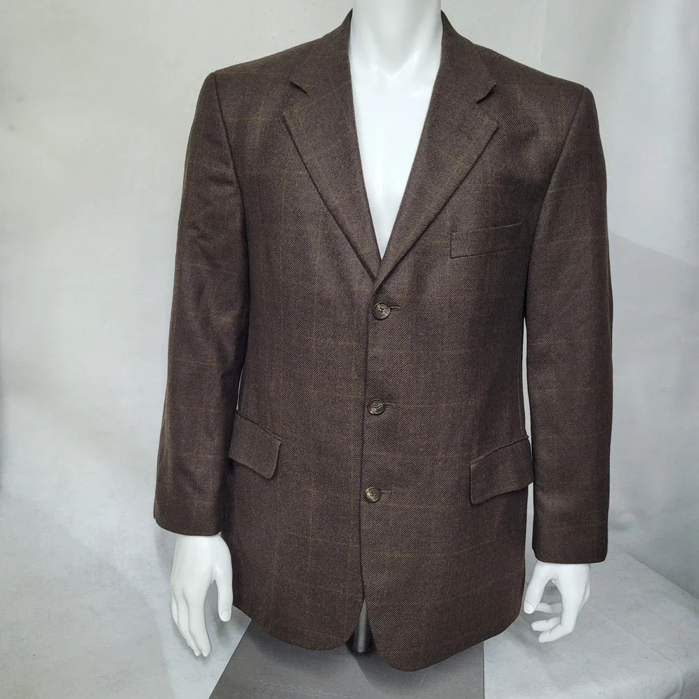 Stafford Mens Brown Plaid Blazer Suit‎ Jacket Sport Coat 42R Wool Cashmere Blend